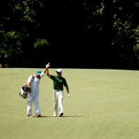 Louis Oosthuizen celebrates following his historic albatross at the second at Augusta